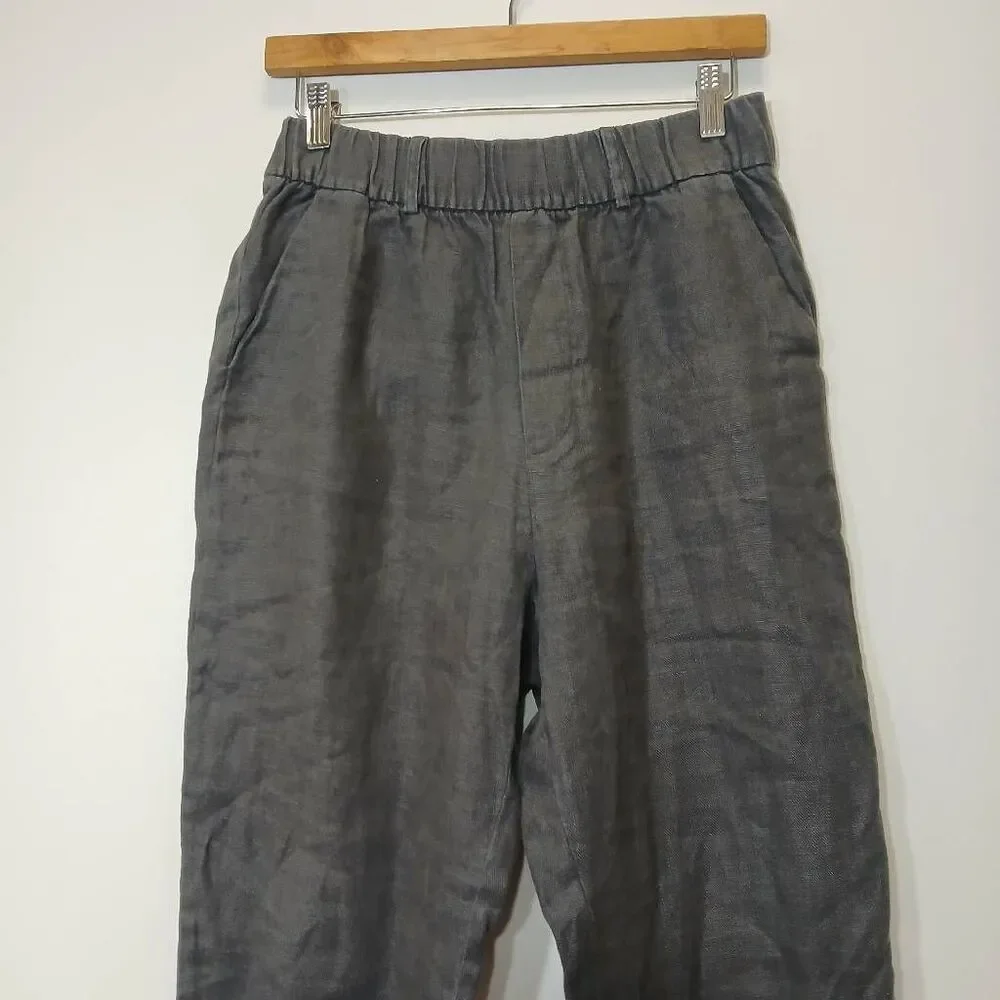 Zara womens small linen gray trousers pants wide leg pull on elastic waist